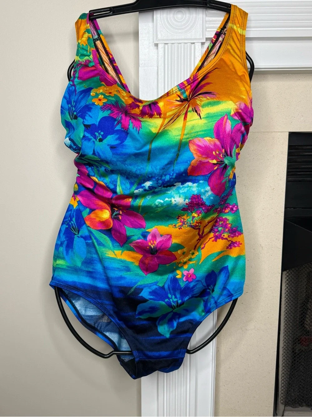 Longitude Vibrant Blue Pink Yellow Floral One-Piece Swimsuit beach scene - Picture 2 of 7